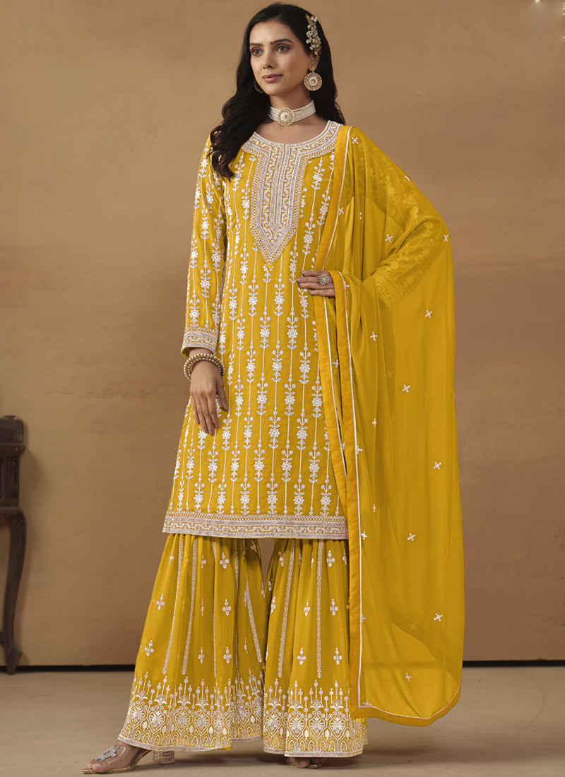 Yellow Faux Georgette Embroidered Sharara Suit Set