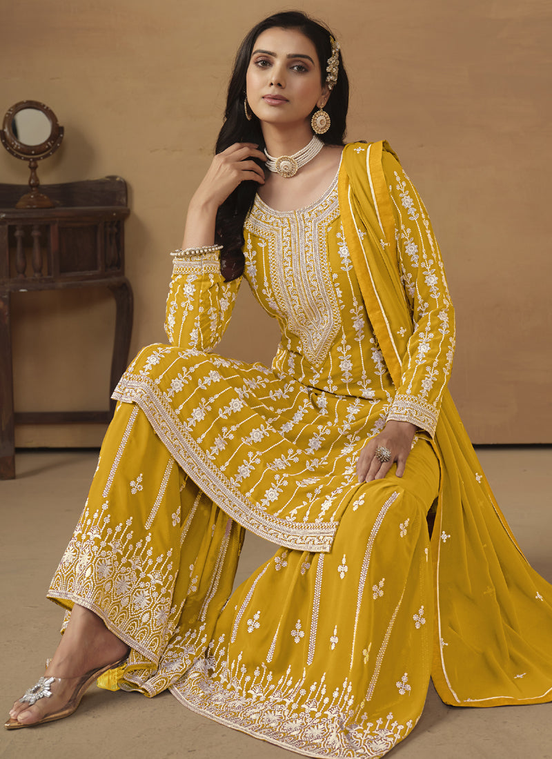 Yellow Faux Georgette Embroidered Sharara Suit Set