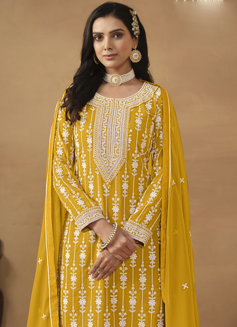 Yellow Faux Georgette Embroidered Sharara Suit Set