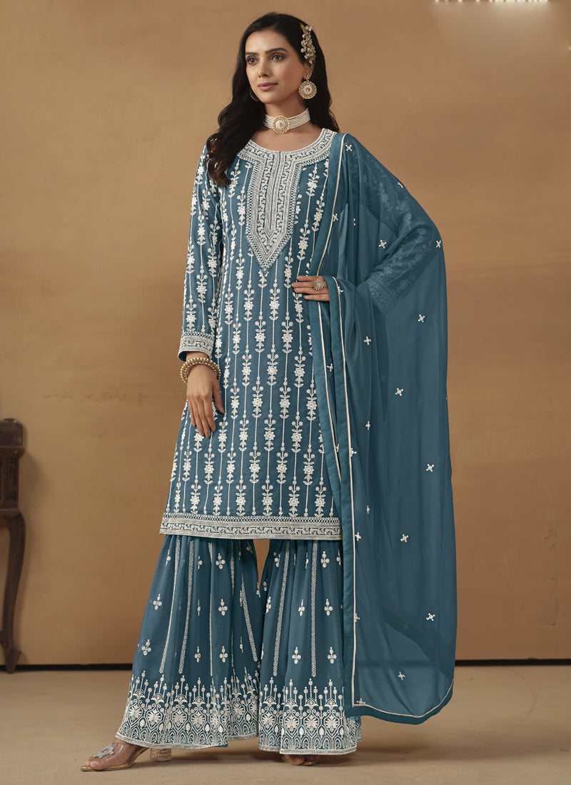 Grey Faux Georgette Embroidered Straight Sharara Suit