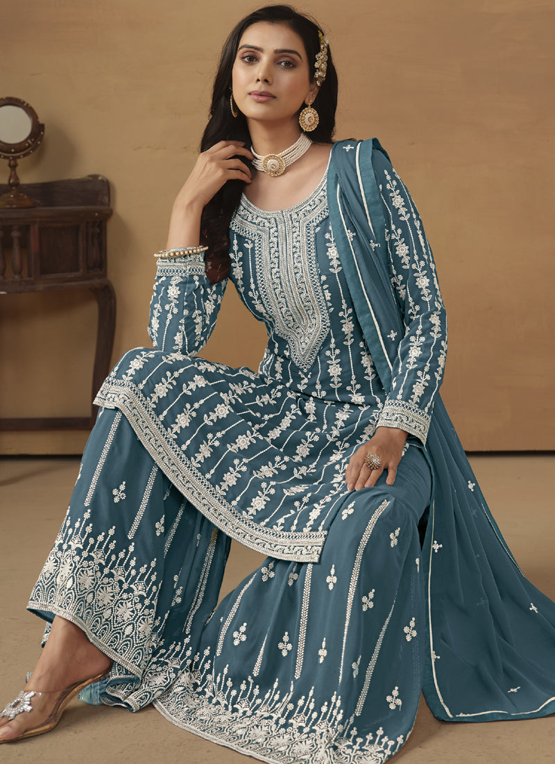 Grey Faux Georgette Embroidered Straight Sharara Suit Set