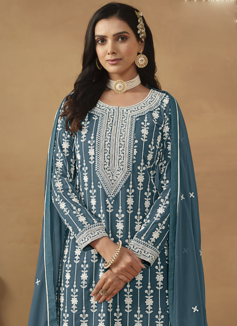 Grey Faux Georgette Embroidered Straight Sharara Suit Set