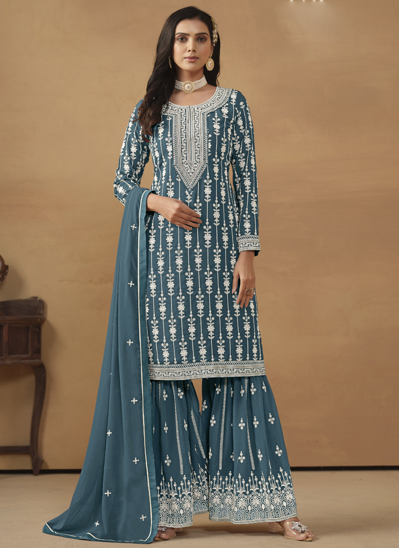 Grey faux georgette straight kurta set with intricate embroidery and sharara pants