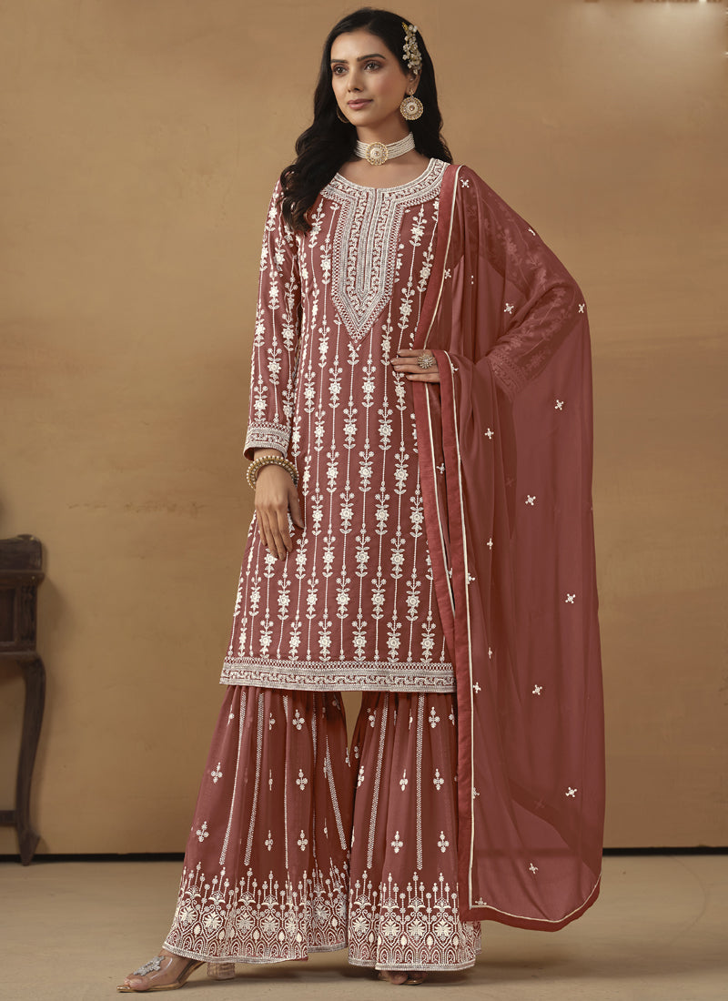 Brown Faux Georgette Straight Sharara Suit Set