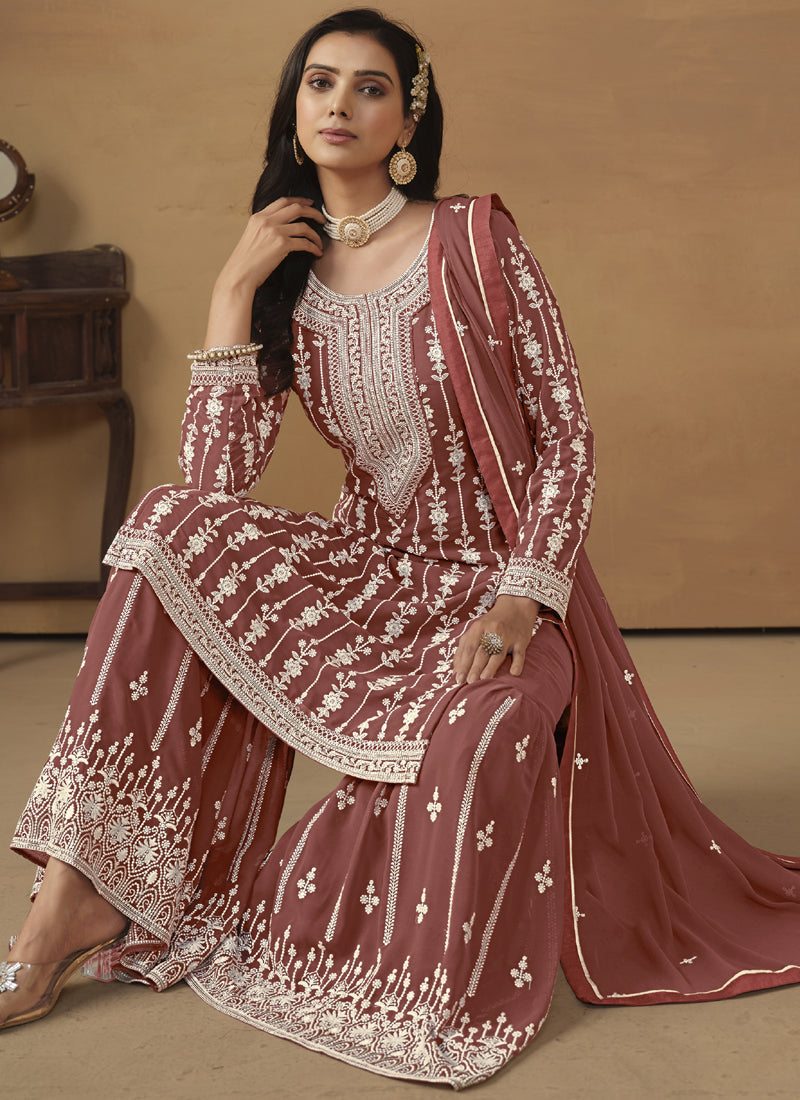 Brown Faux Georgette Straight Sharara Suit Set