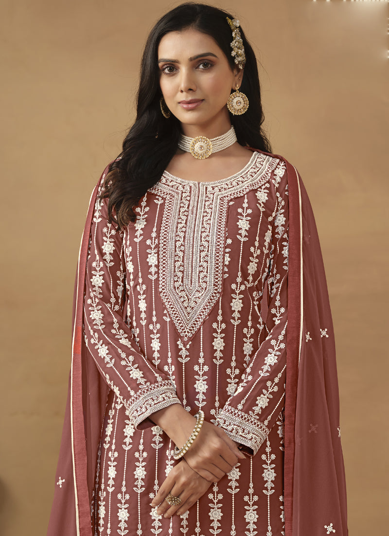 Brown Faux Georgette Straight Sharara Suit Set