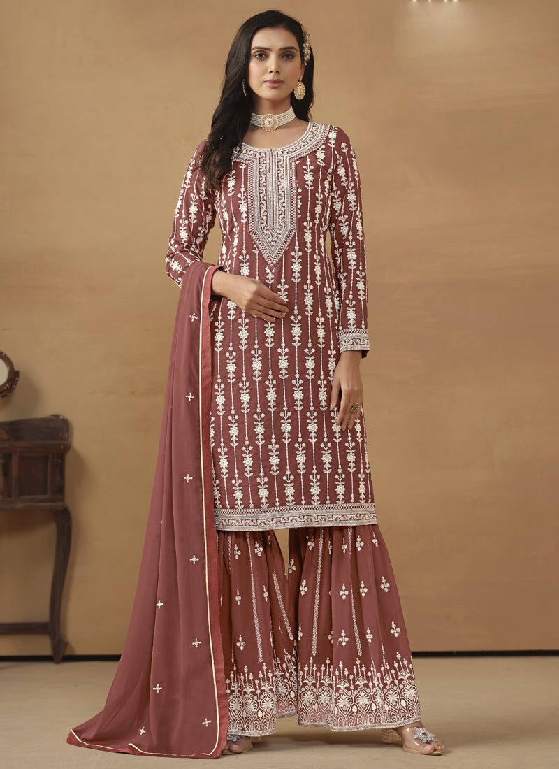 Brown faux georgette straight kurta with matching sharara