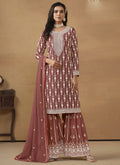 Brown faux georgette straight kurta with matching sharara