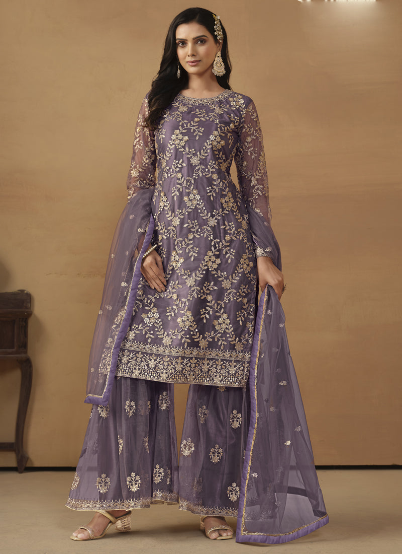 Purple Net Embroidered Sharara Suit Set