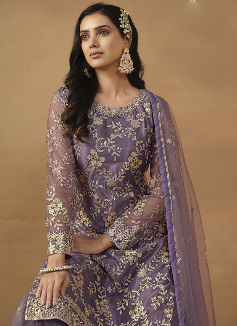 Purple Net Embroidered Sharara Suit Set