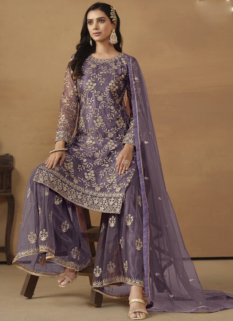 Purple Net Embroidered Sharara Suit Set