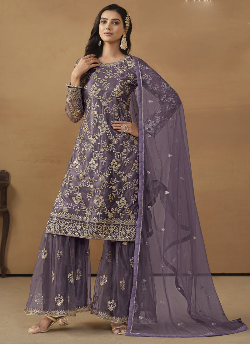 Purple Net Sharara Suit with straight-cut kurta and embroidery