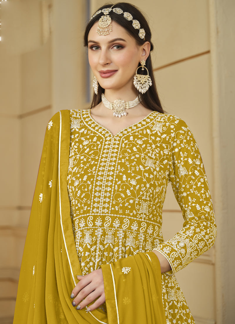 Yellow Faux Georgette Embroidered Anarkali Suit Set