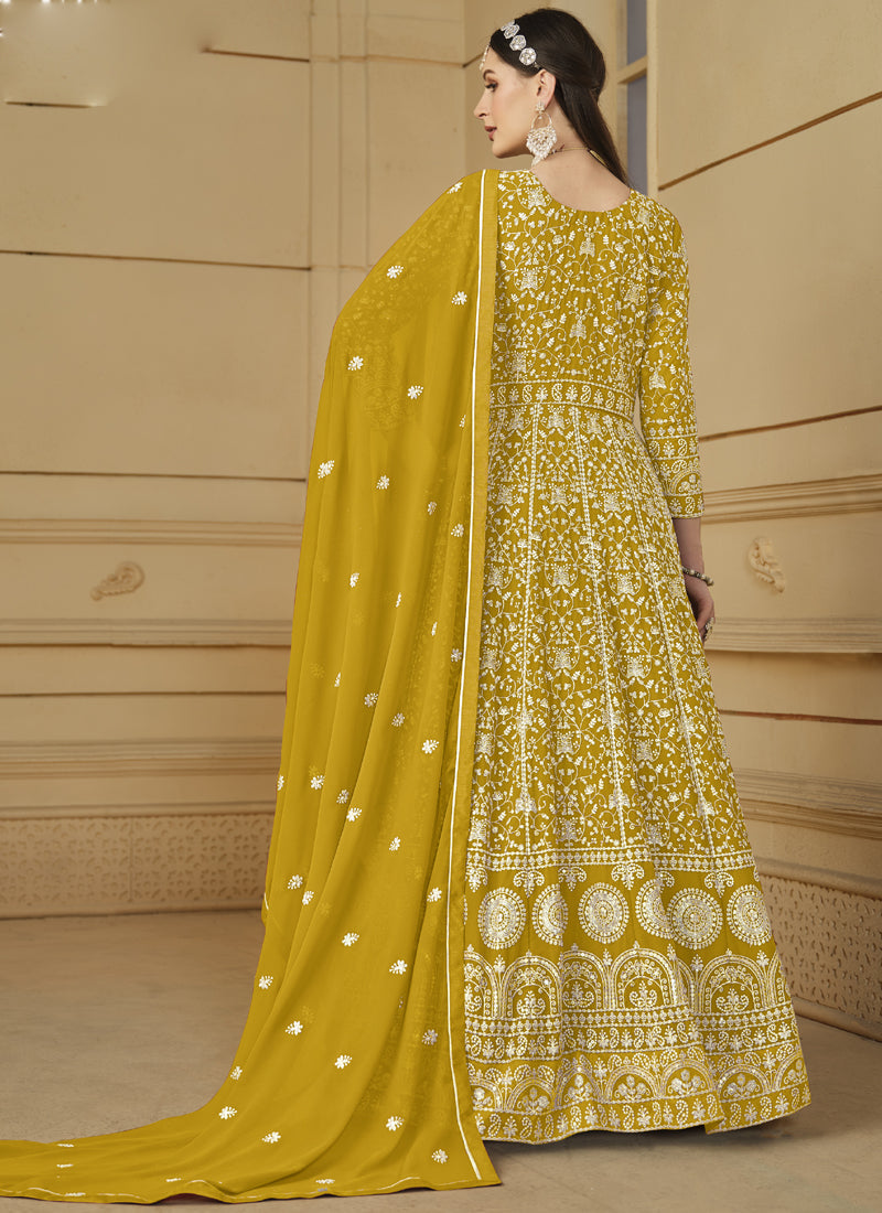 Yellow Faux Georgette Embroidered Anarkali Suit Set
