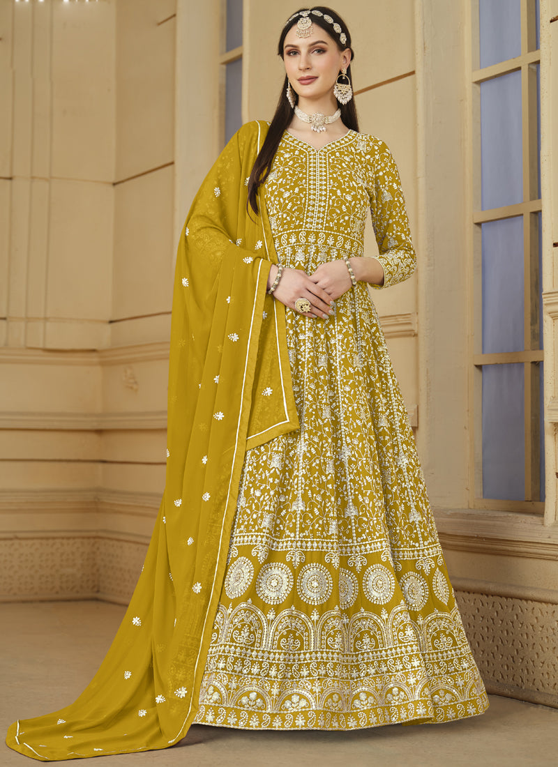 Yellow faux georgette embroidered Anarkali suit set