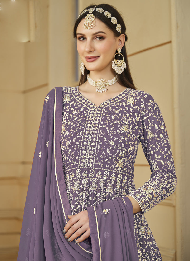 Lavender Faux Georgette Anarkali Suit with Intricate Embroidery