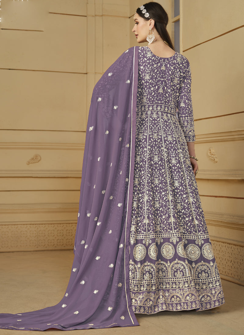 Lavender Faux Georgette Anarkali Suit with Intricate Embroidery