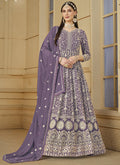 Lavender Faux Georgette Anarkali Suit with embroidery, featuring a 46-inch kurta length.