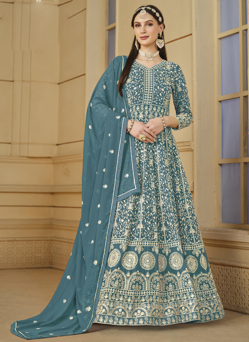 Vegaa Fashion Designer Grey Faux Georgette Embroidery Anarkali Suit