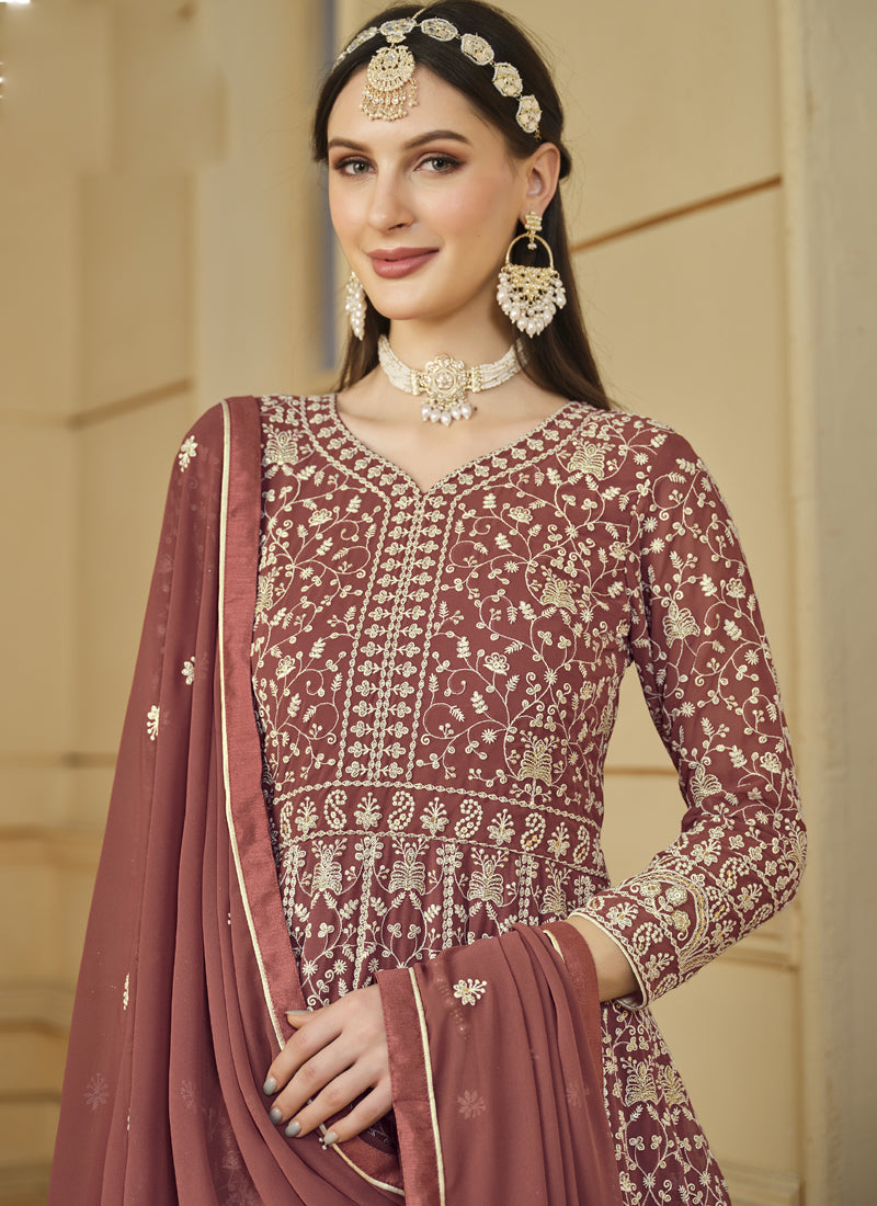 Vegaa Fashion Designer Dark Peach Faux Georgette Embroidery Anarkali Suit