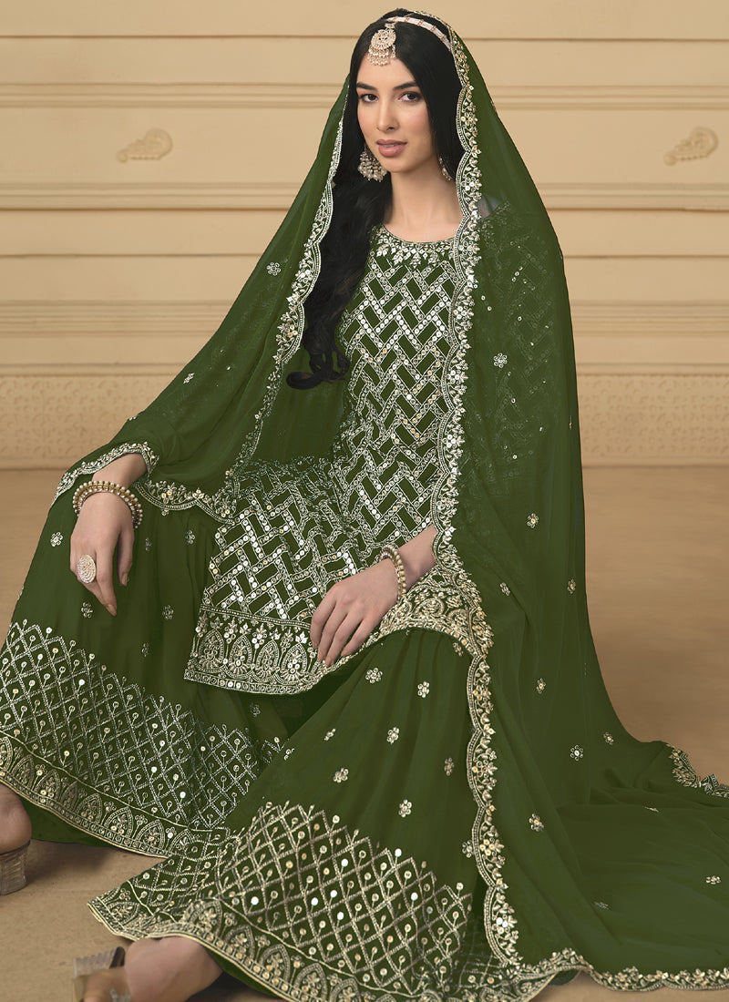 Mehendi Green Embroidered Sharara Suit with Metallic Gold Accents