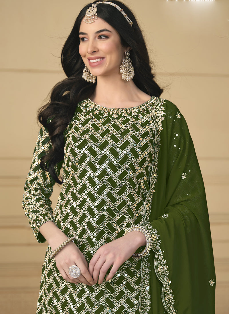 Mehendi Green Embroidered Sharara Suit with Metallic Gold Accents