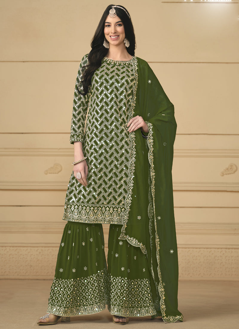Mehendi Green Embroidered Sharara Suit with Metallic Gold Accents