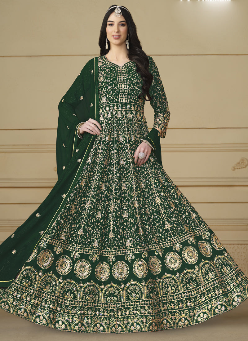Green Faux Georgette Anarkali Suit with Detailed Embroidery