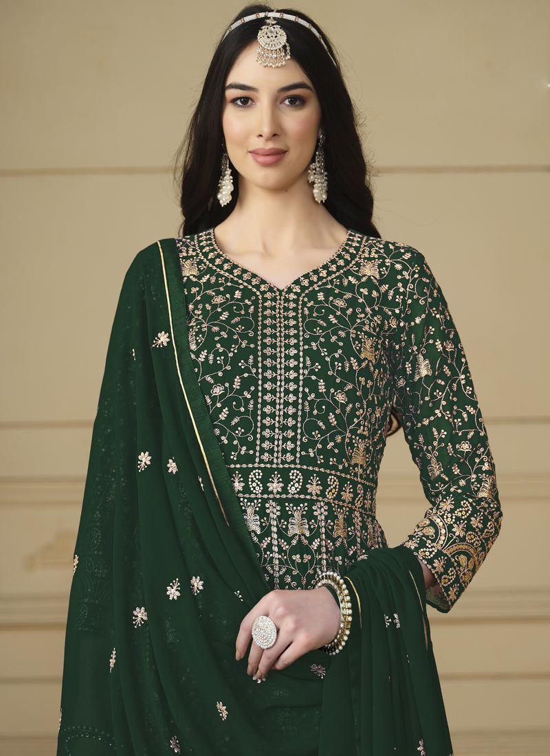 Green Faux Georgette Anarkali Suit with Detailed Embroidery