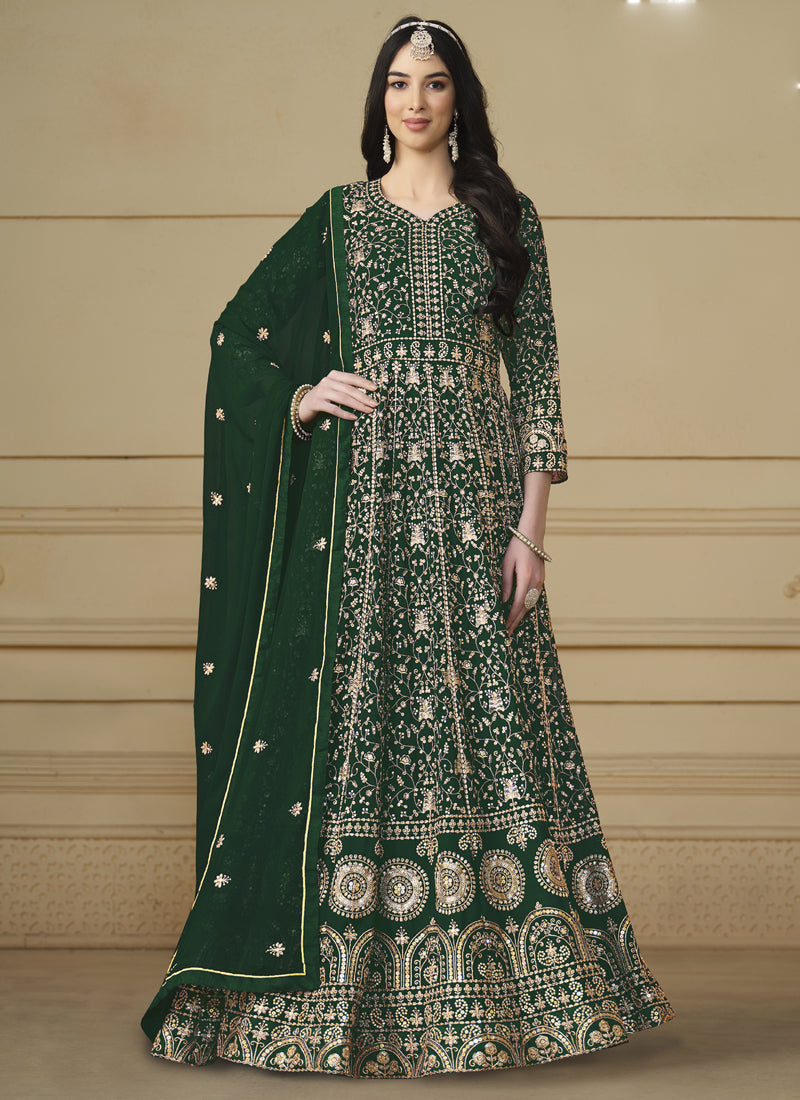 Green faux georgette Anarkali suit with beautiful embroidery.