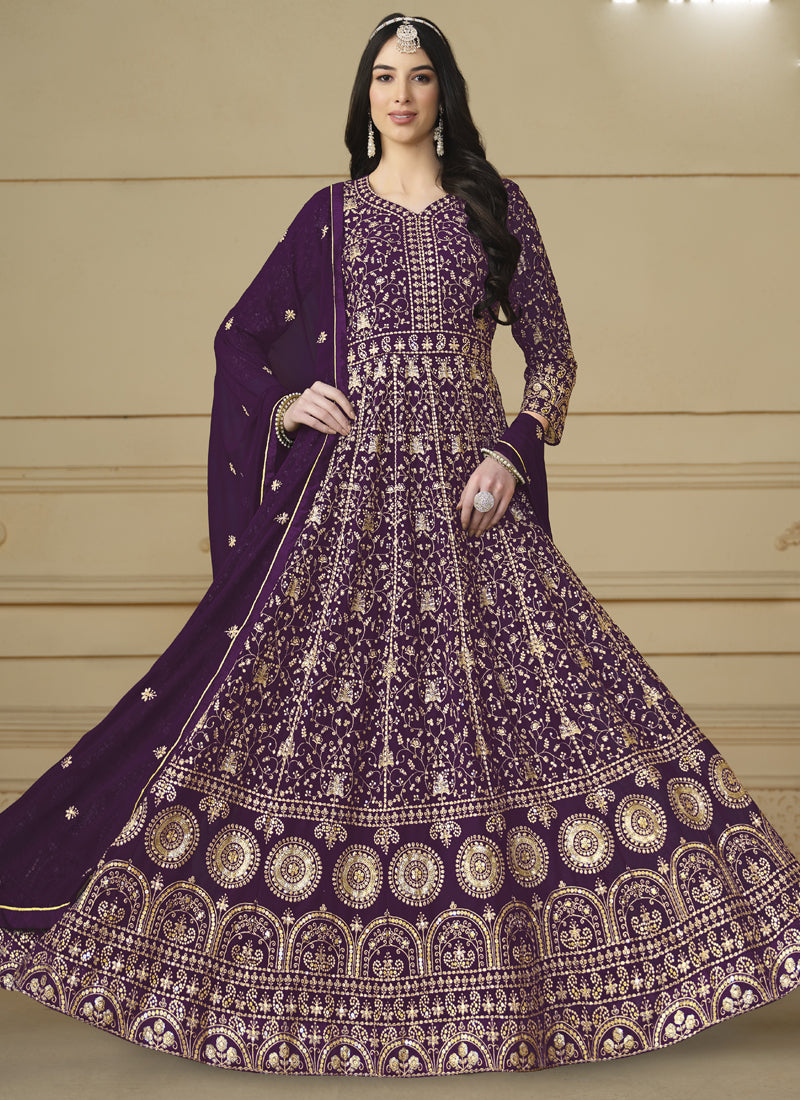 Violet Faux Georgette Embroidered Anarkali Suit Set