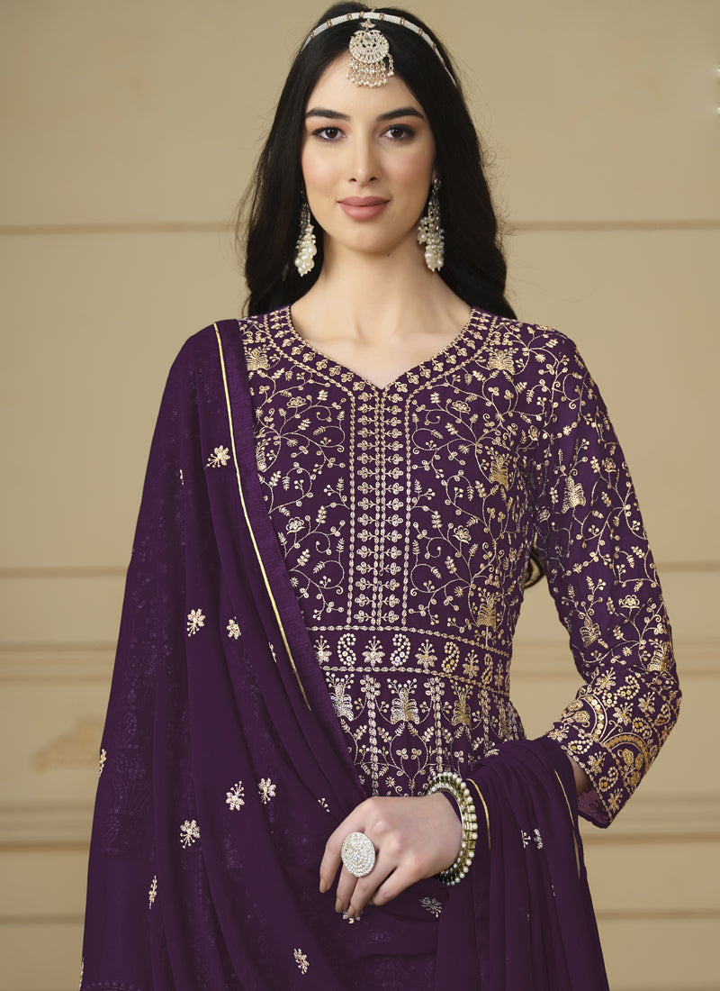 Violet Faux Georgette Embroidered Anarkali Suit Set