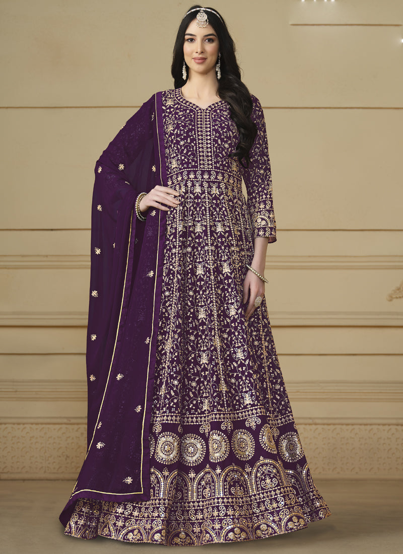 Elegant violet and gold embroidered Anarkali suit with 46-inch length