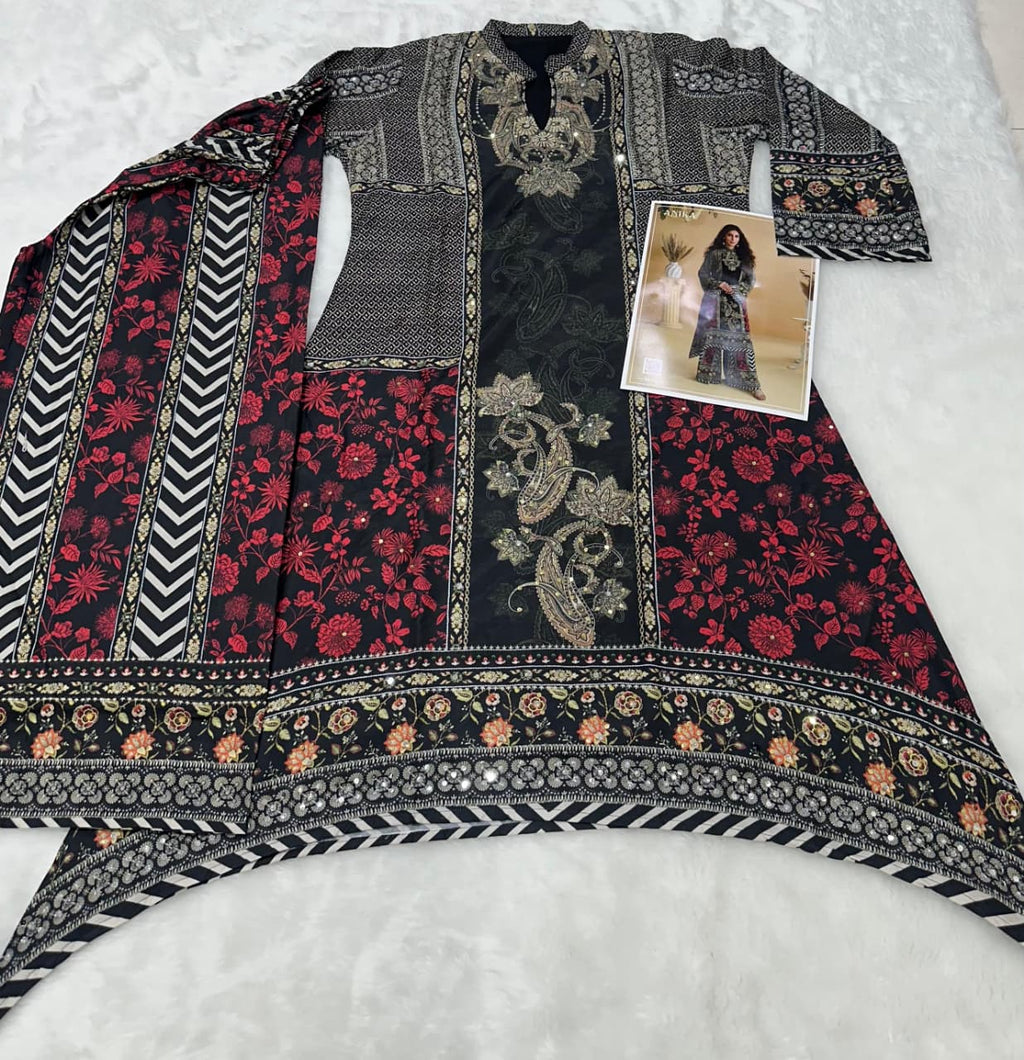Black Heavy Crepe Digital Print Straight Palazzo Suit Set