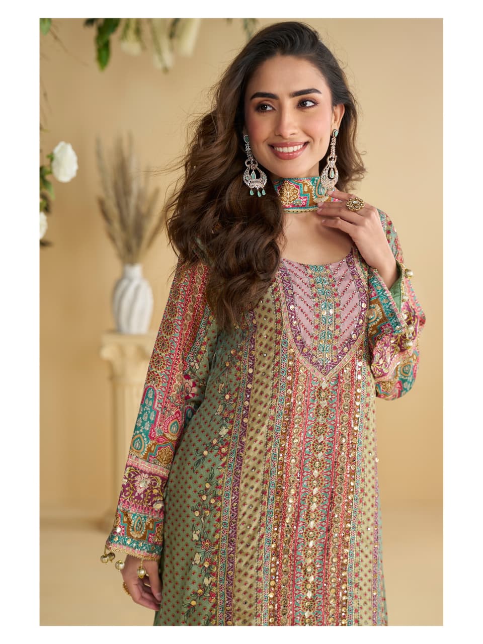 Pink Heavy Crepe Digital Print Straight Palazzo Suit Set
