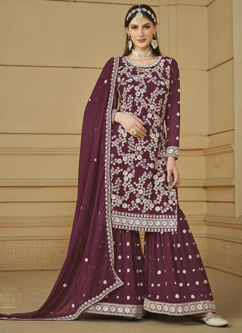 Vegaa Fashion Designer Wine Faux Georgette Embroidery Sharara Suit