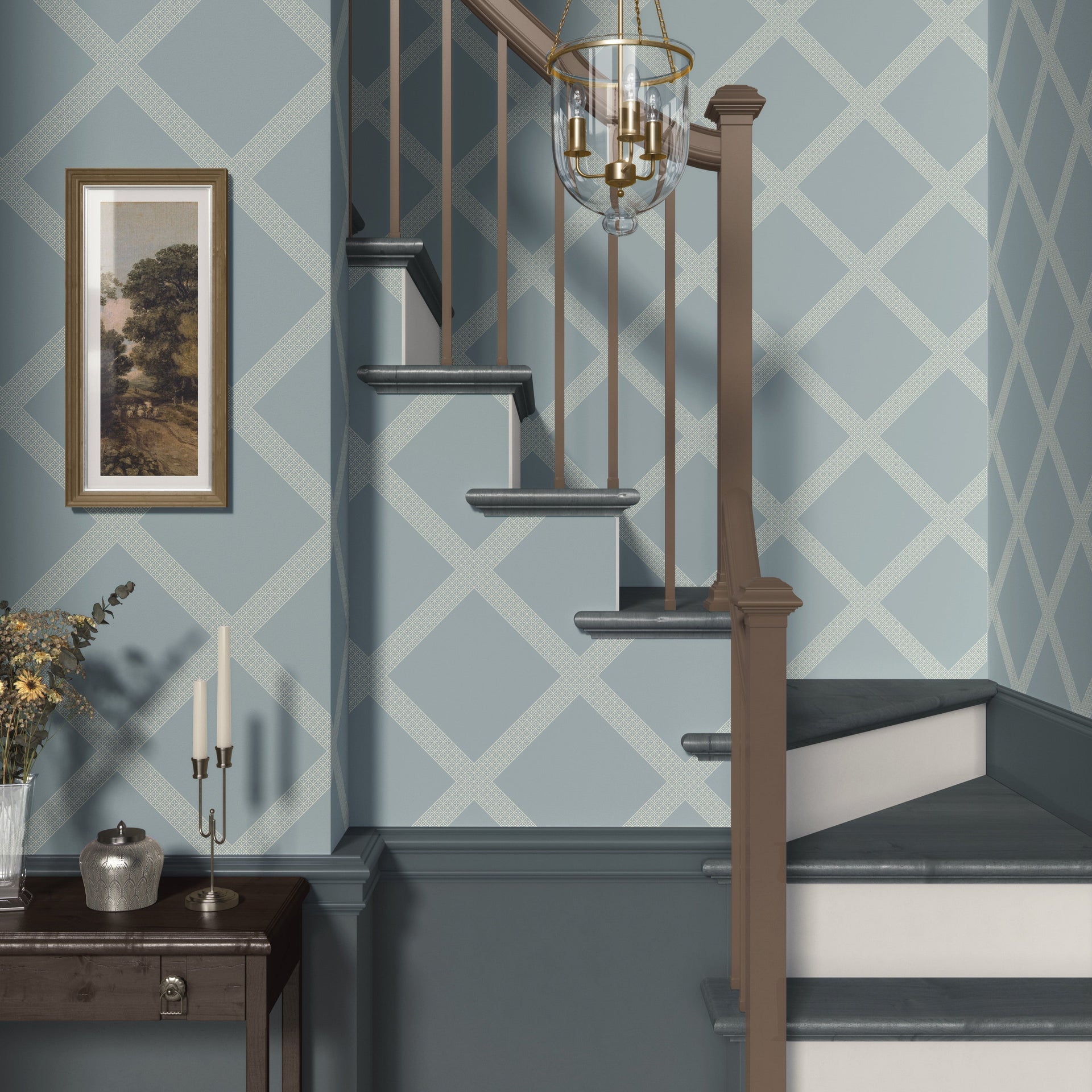 Traditional geometric wallpaper pattern in shades of blue, cream, and white for interior wall decor.