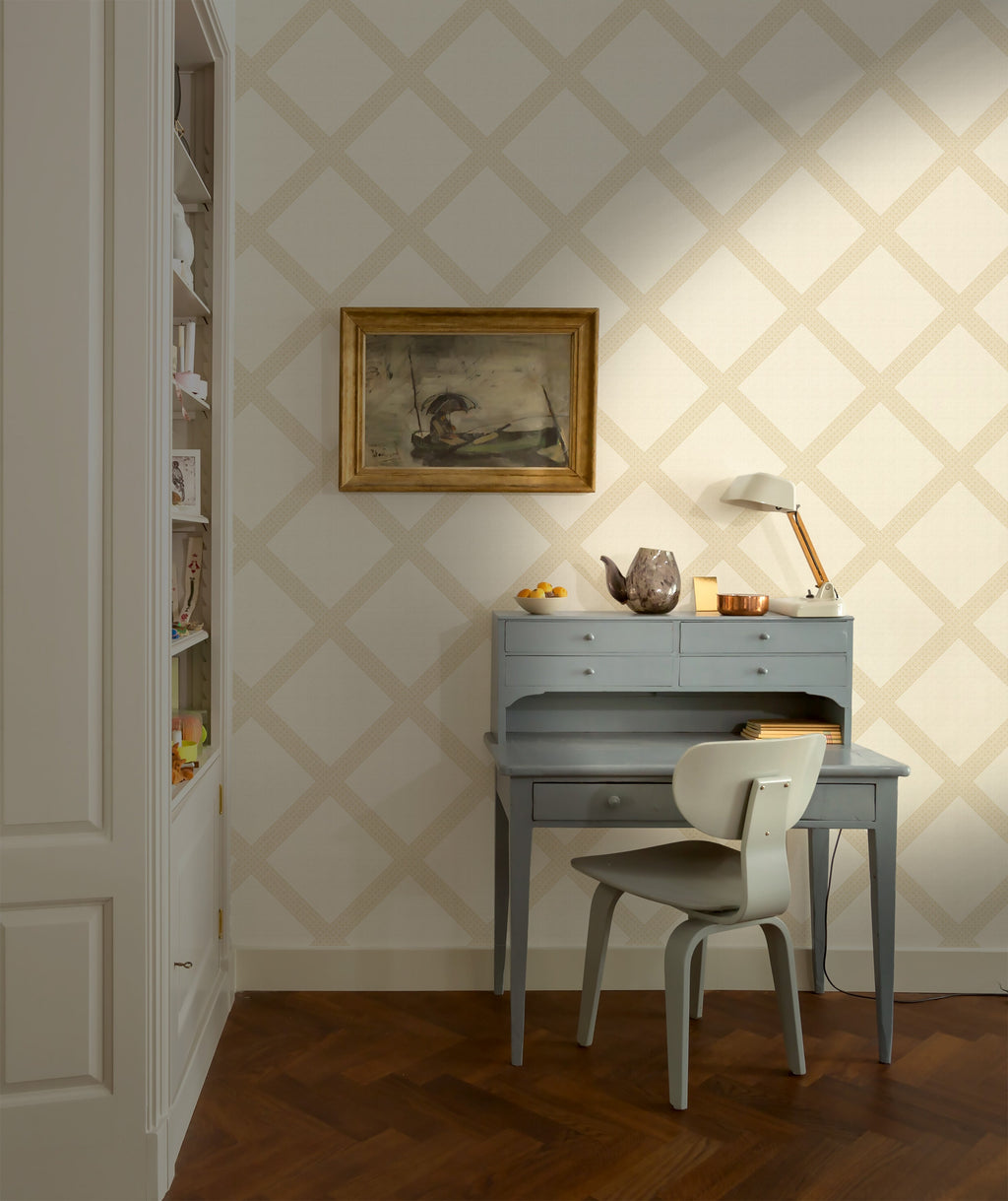 Annie Geometric Wallpaper: Traditional Cream White and Blue