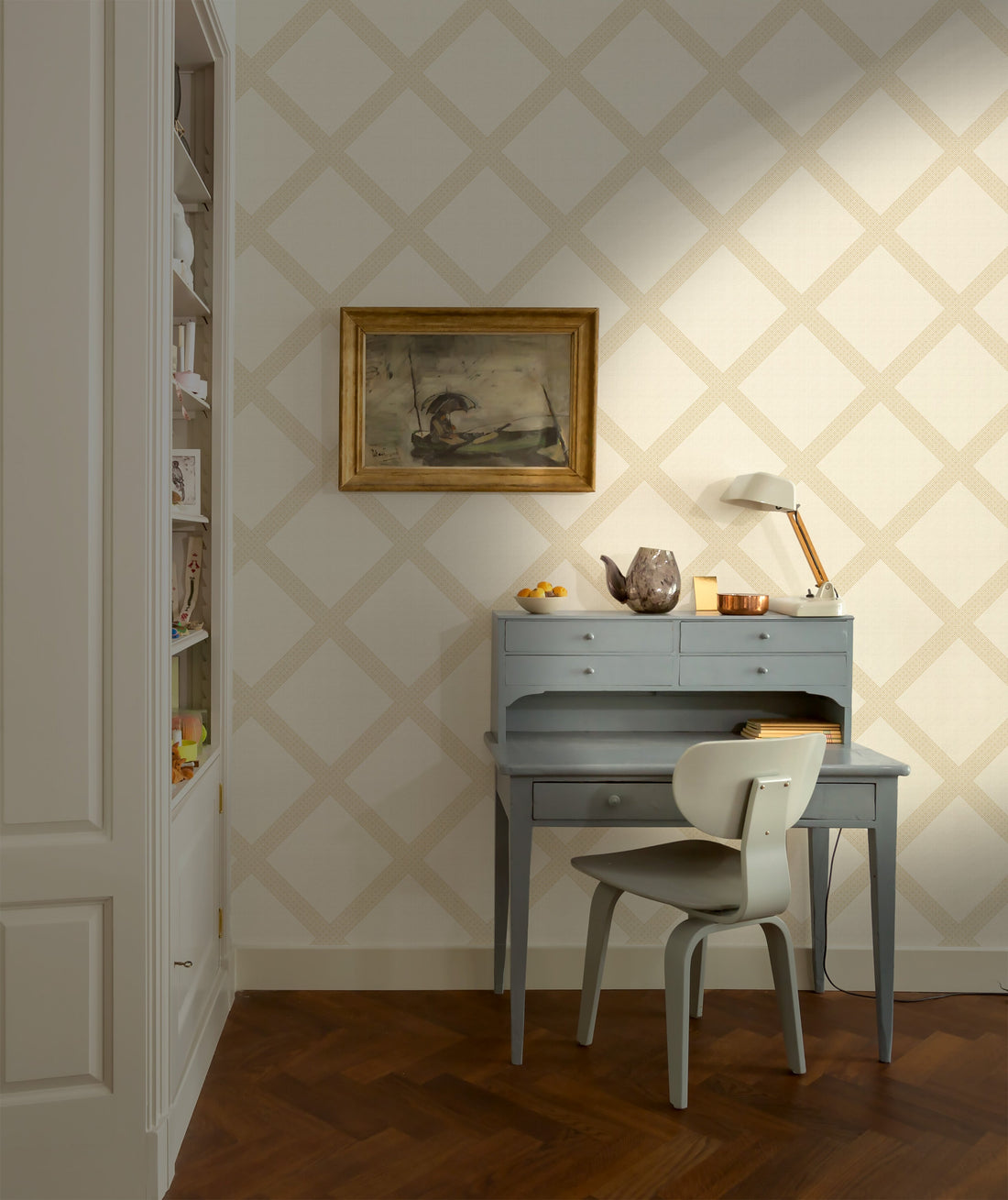 Annie Geometric Wallpaper: Traditional Cream White and Blue