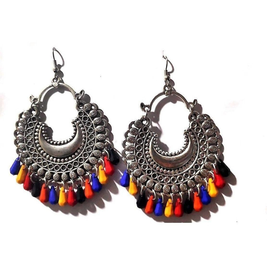 Antique German silver plated chandbali earrings featuring multi-color beads.