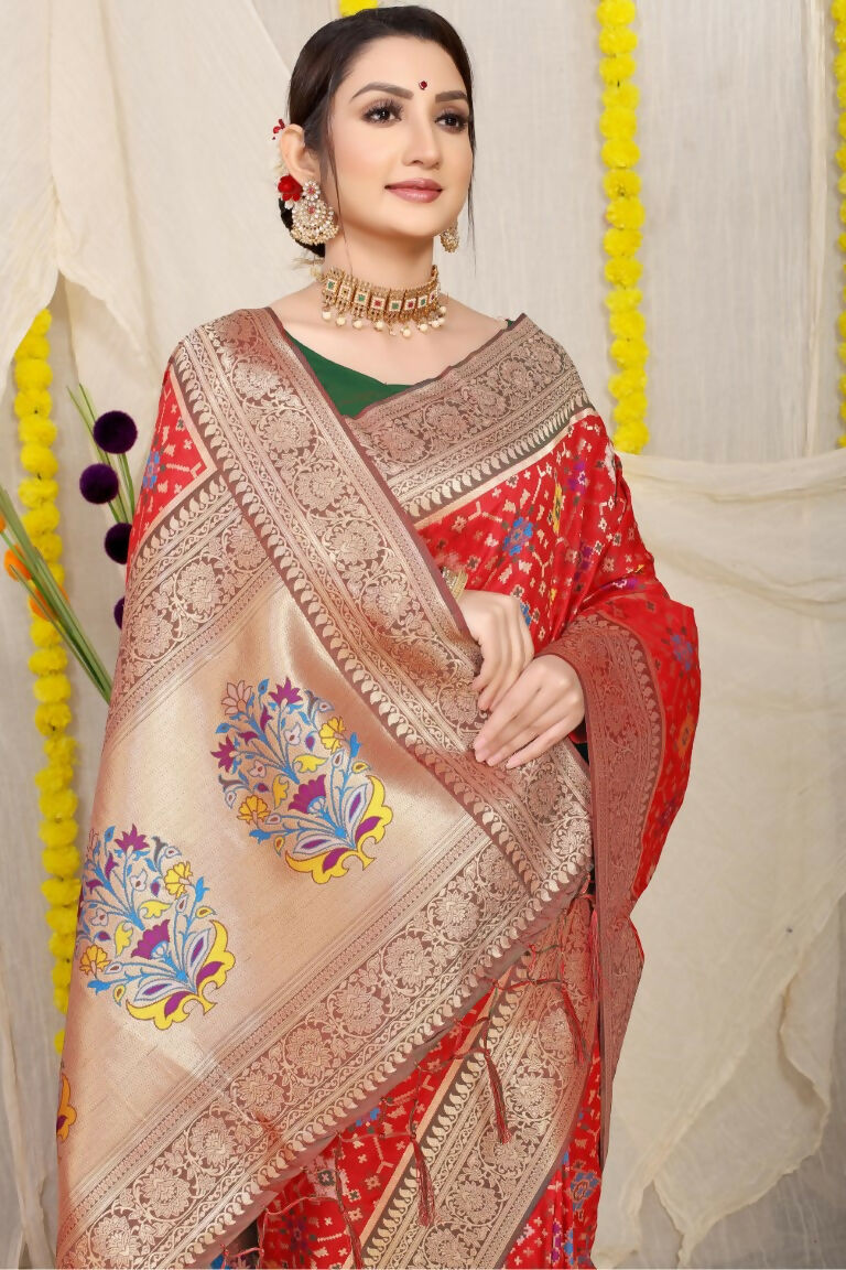 Red Patola Silk Saree with Green Blouse and Zari Woven Design