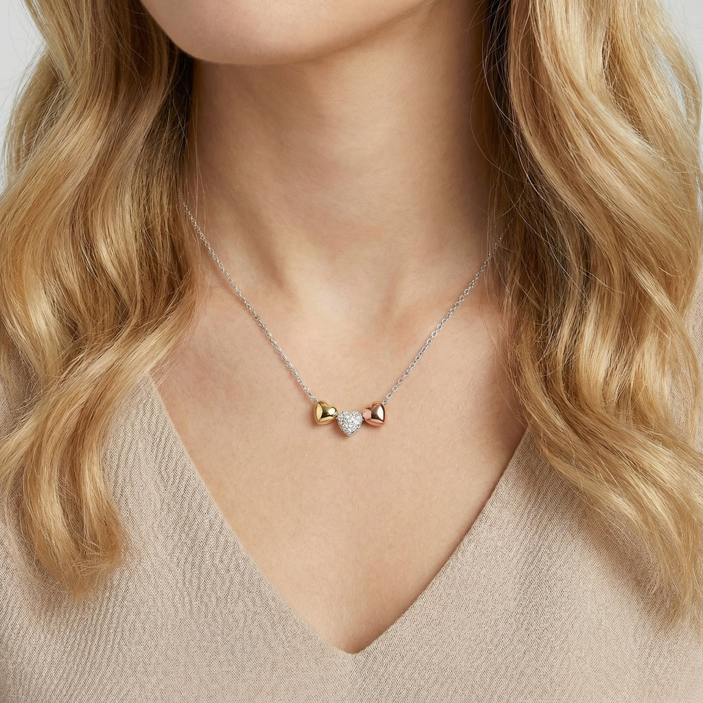 Tri-Tone Crystal Heart Slider Pendant Necklace Adjustable Chain