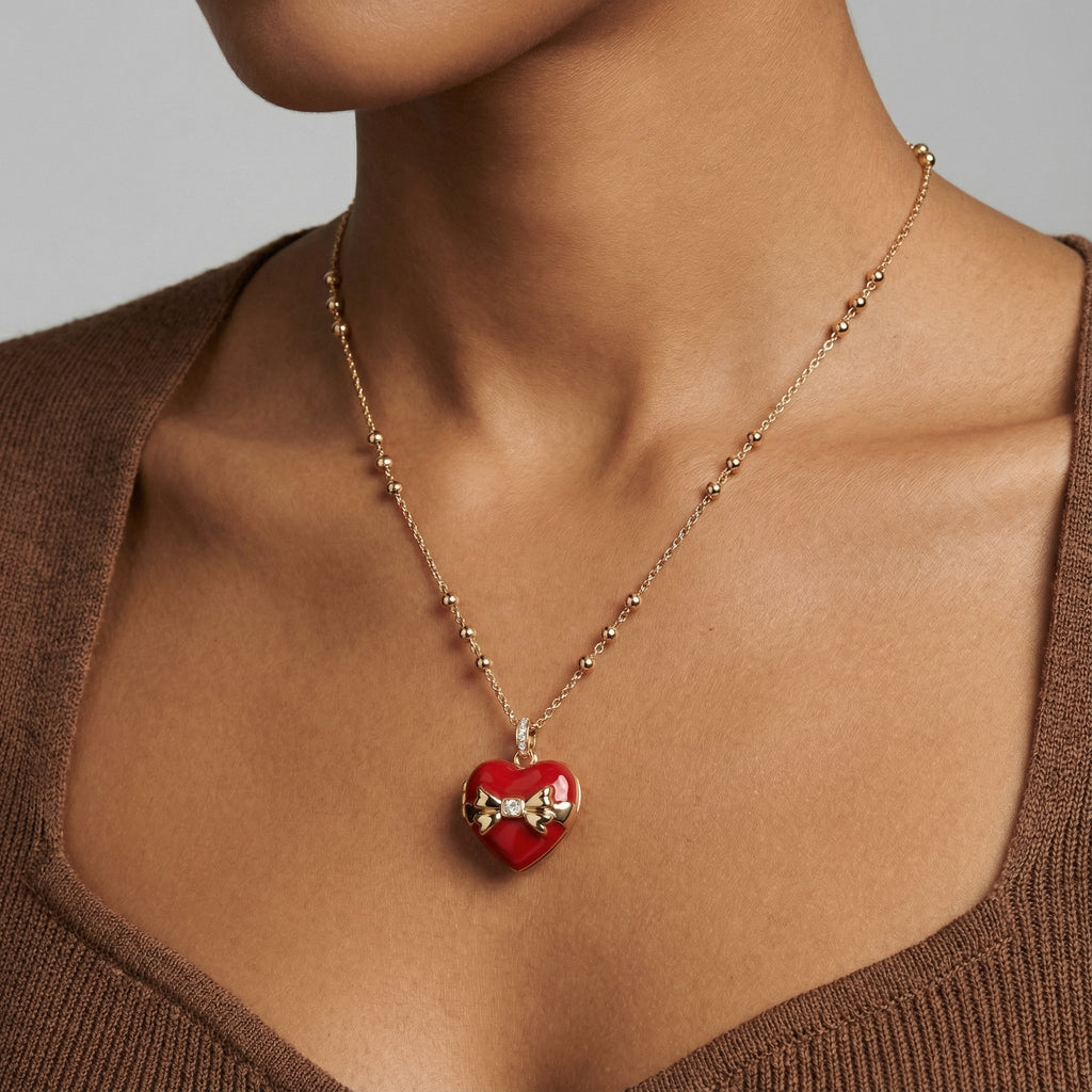 Heart Locket Necklace with Crystal Bow and Chocolate Motif