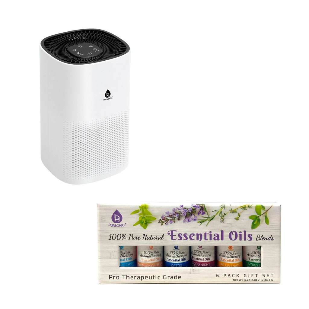 Pursonic Purify & Relax Home Wellness Bundle - True HEPA Air Purifier & 6 Pack of 100% Pure Essential Oils Blends