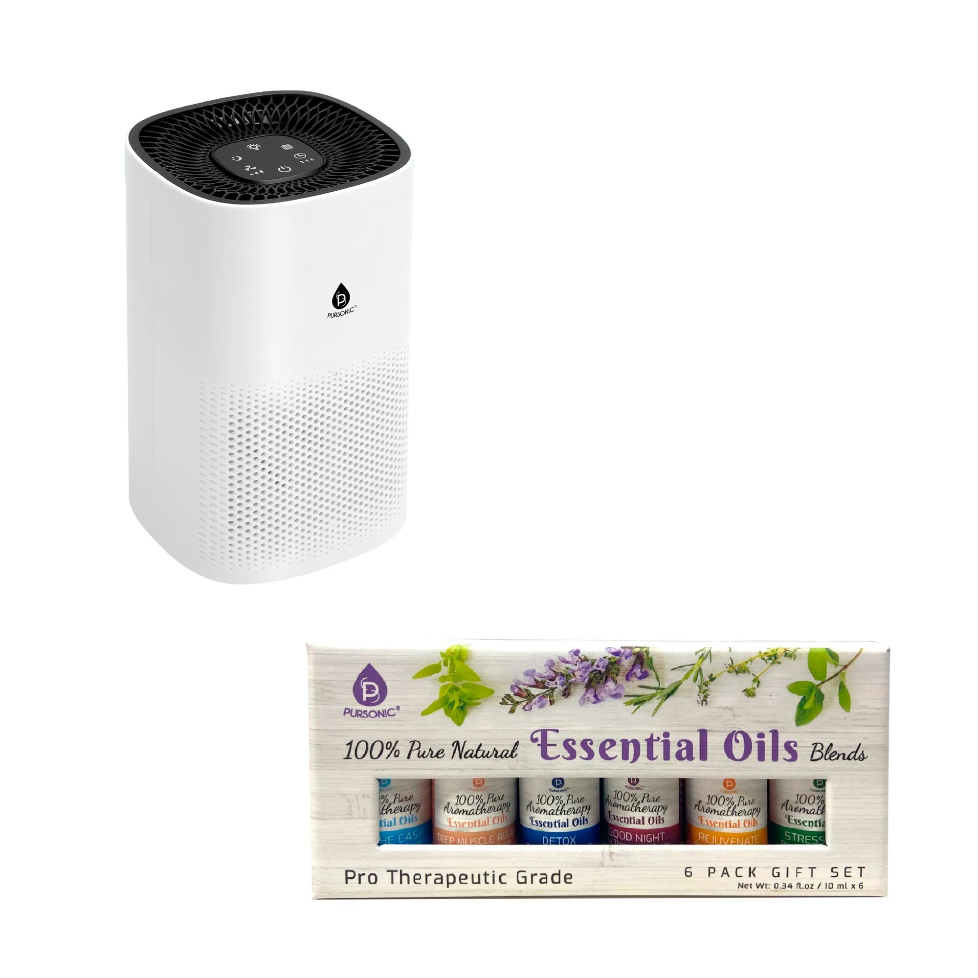 Pursonic Purify & Relax Home Wellness Bundle - True HEPA Air Purifier & 6 Pack of 100% Pure Essential Oils Blends