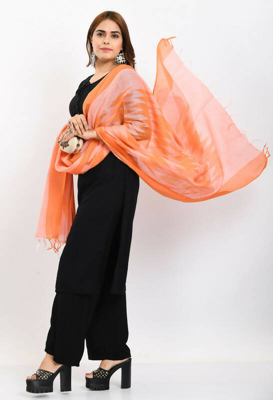 Women's Handloom Cotton Ikkat Dupatta in Vibrant Orange