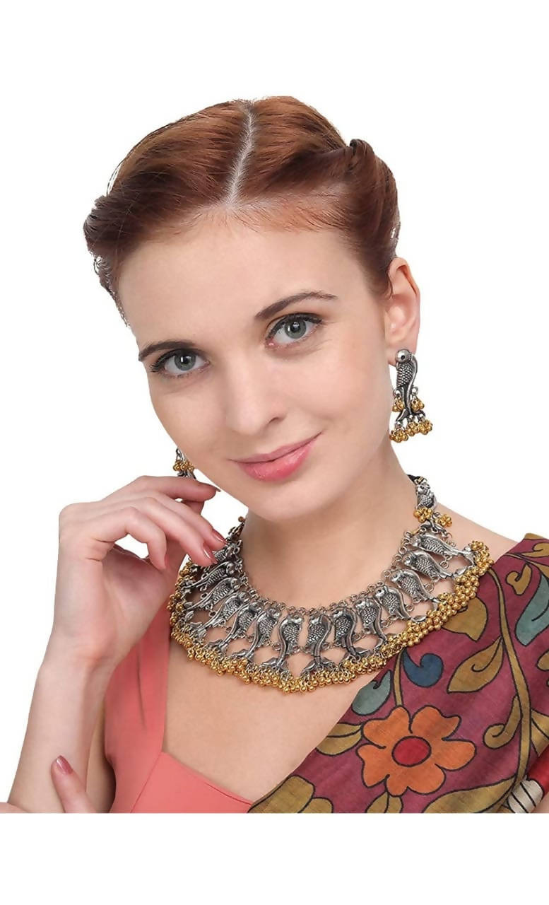 Traditional Parrot Motif Choker Necklace Set with Golden Ghungroo