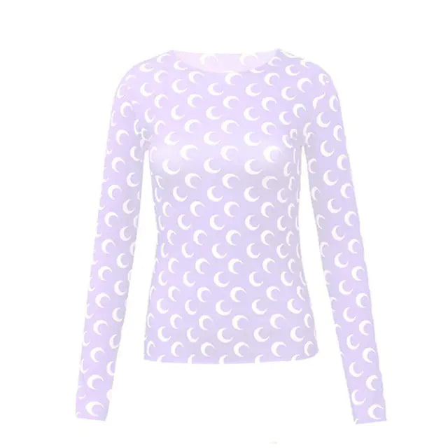 Women Long Sleeve Moon Print Crew Neck Shirt Soft Base Layer