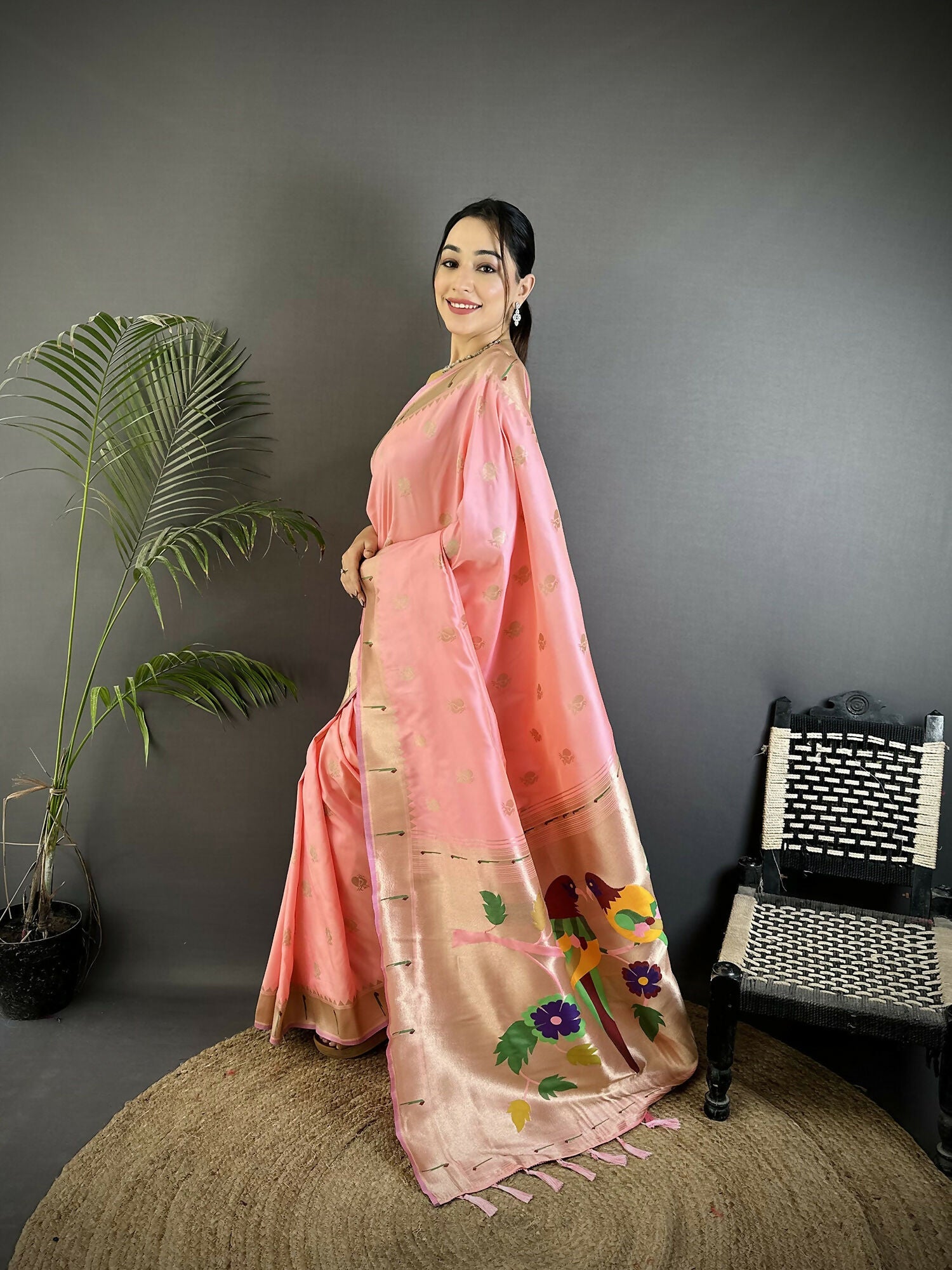 Light Pink Soft Silk Kanchipuram Saree with Peacock Floral Motifs