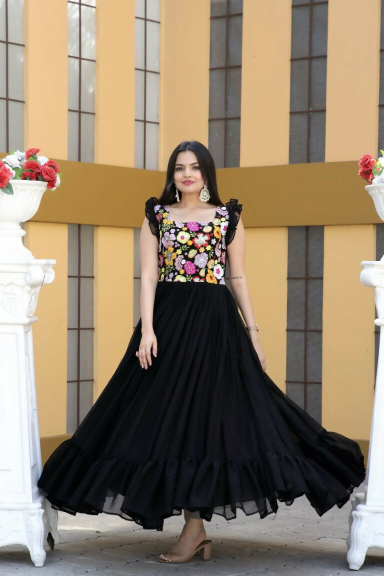 Black Floral Sequins Thread Embroidered Faux Blooming Anarkali